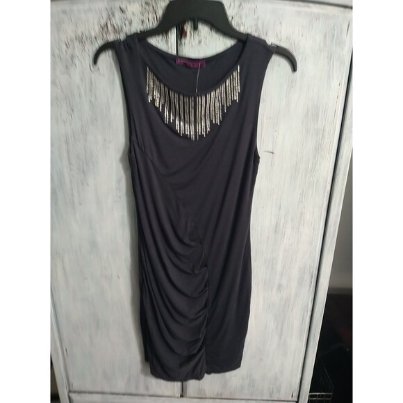 Velvet Embellish Rhinestone Ruch Sleeveless Mini Dress City Sexy Classic size p - Picture 1 of 10